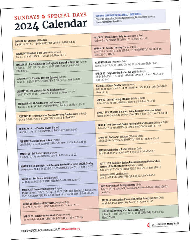 2024 Revised Common Lectionary Sundays & Special Days Calendar